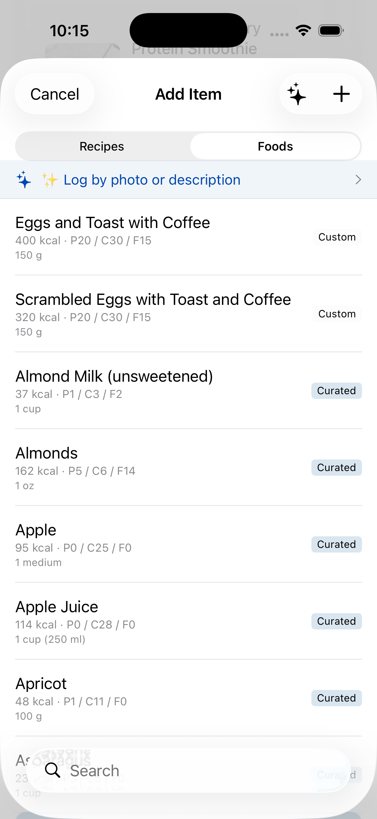 TunedCook Add Item screen — a searchable food list with calories and macros per item (Eggs and Toast 400 kcal P20/C30/F15, Almonds 162 kcal, Apple 95 kcal), plus a 'Log by photo or description' shortcut.