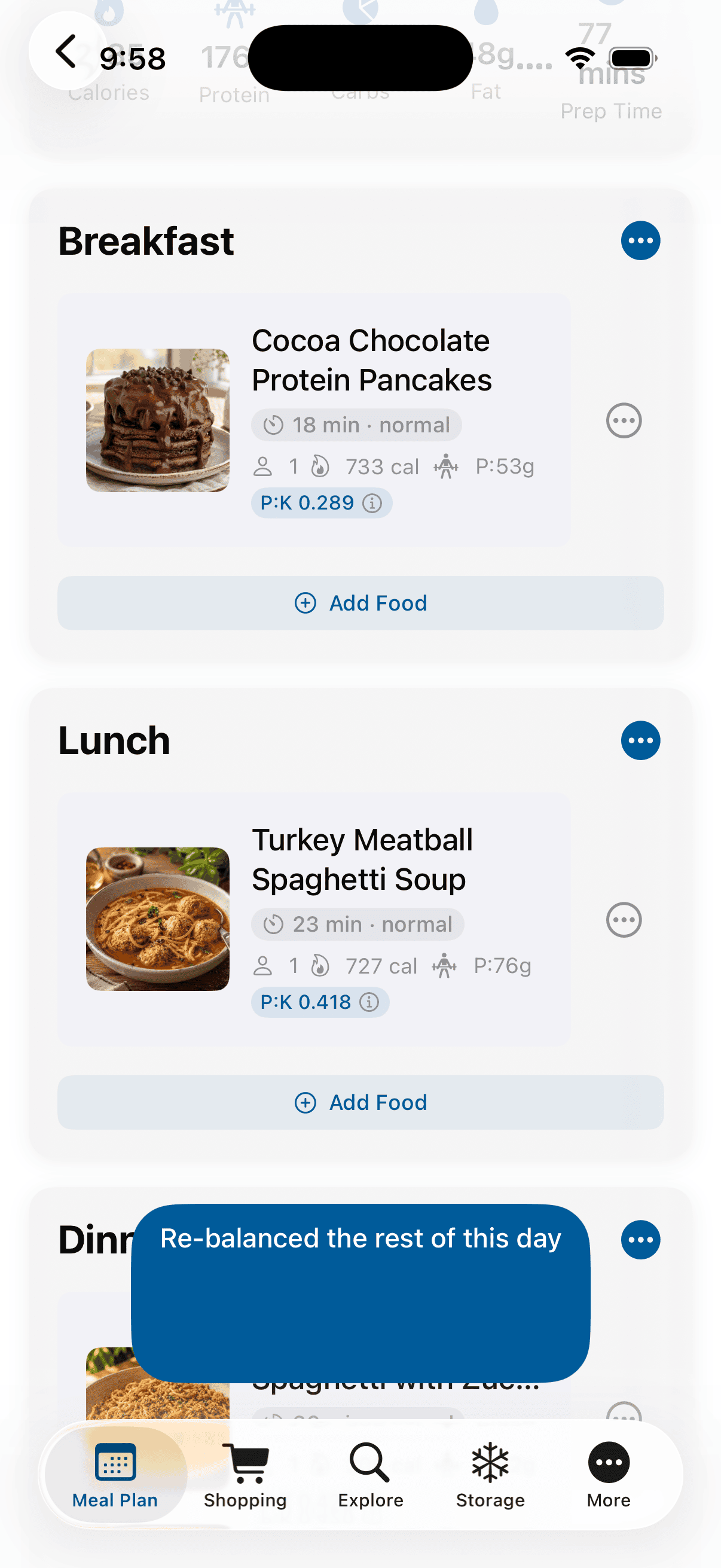 TunedCook's 'Re-balanced the rest of this day' confirmation, shown after adjusting the day's meals so the remaining recipes make room for the change.