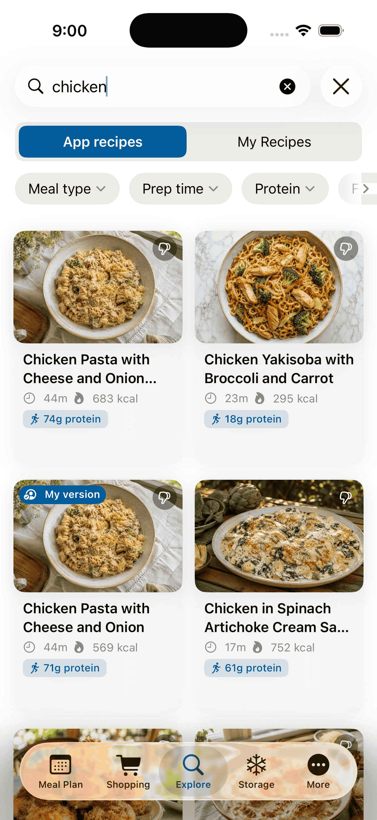 TunedCook Explore — a search for "chicken" returning recipe cards with photos, cook time, calories and a protein badge on each (74 g, 18 g, 71 g, 61 g), with Meal type / Prep time / Protein filters.