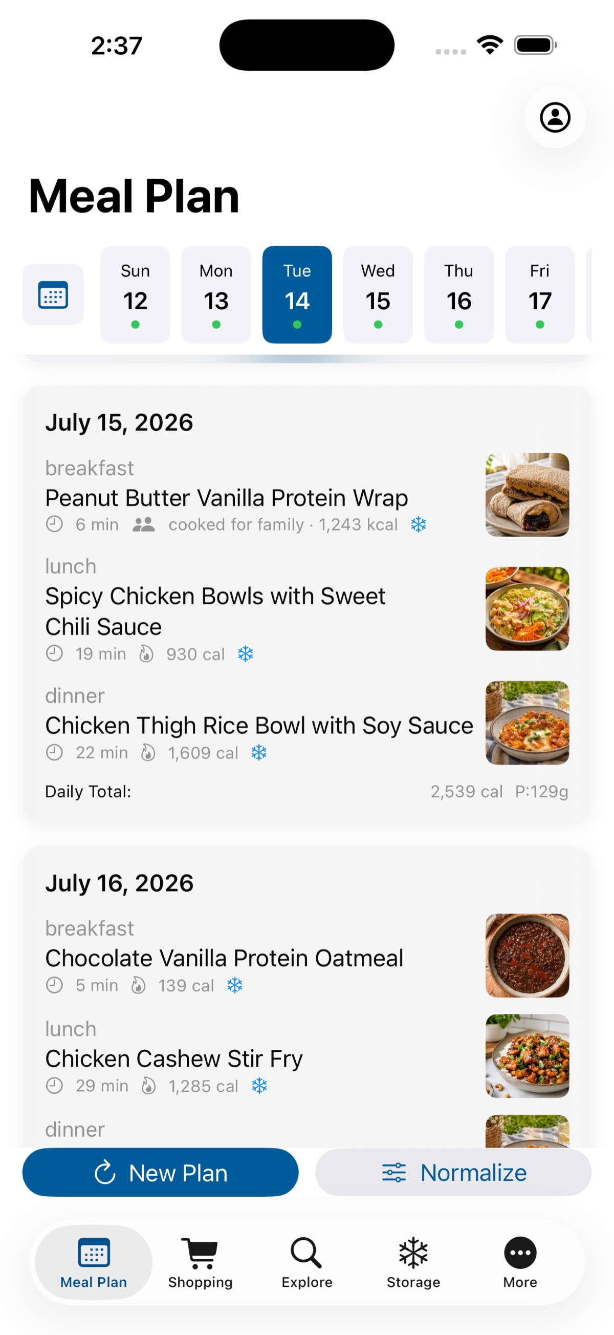 TunedCook iOS Meal Plan screen showing a full day of high-protein meals with a week selector, cook times and calories.