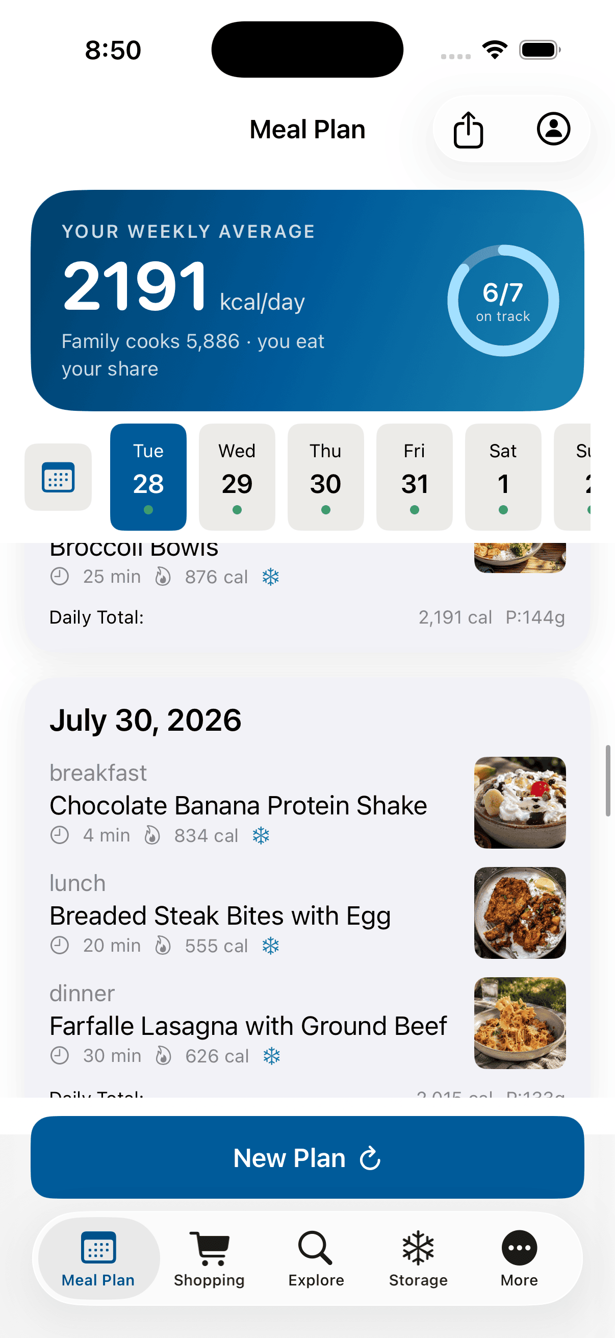TunedCook Meal Plan screen showing a week of high-protein meals with a day selector, cook times and calories, and the New Plan button.