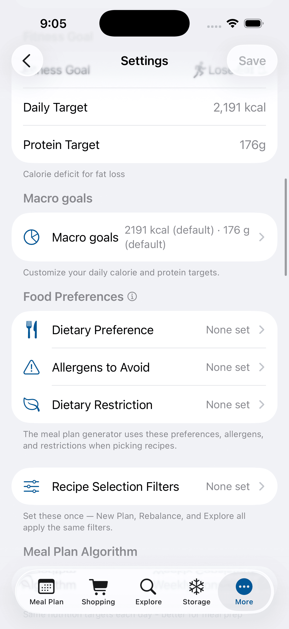 TunedCook Settings screen showing your daily targets — 2,191 kcal and 176 g protein — plus editable Food Preferences (dietary preference, allergens, restrictions) and Recipe Selection Filters the plan is built from.
