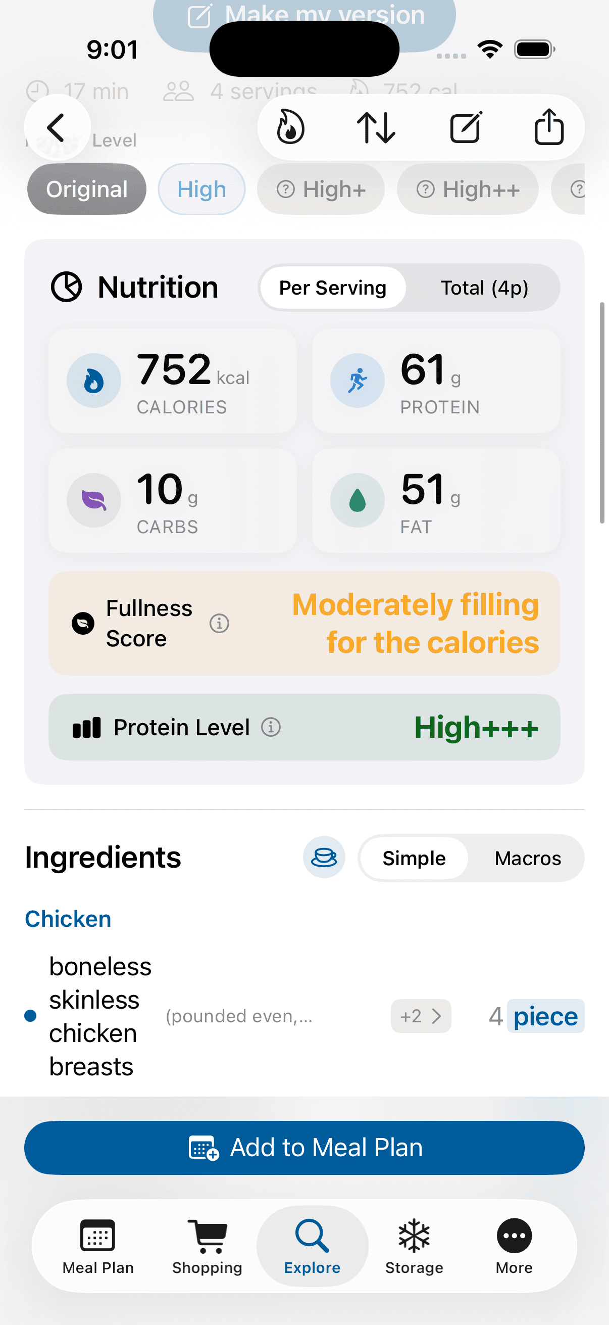 TunedCook recipe nutrition card showing calories, protein, carbs, fat, a fullness score and ingredient alternatives.