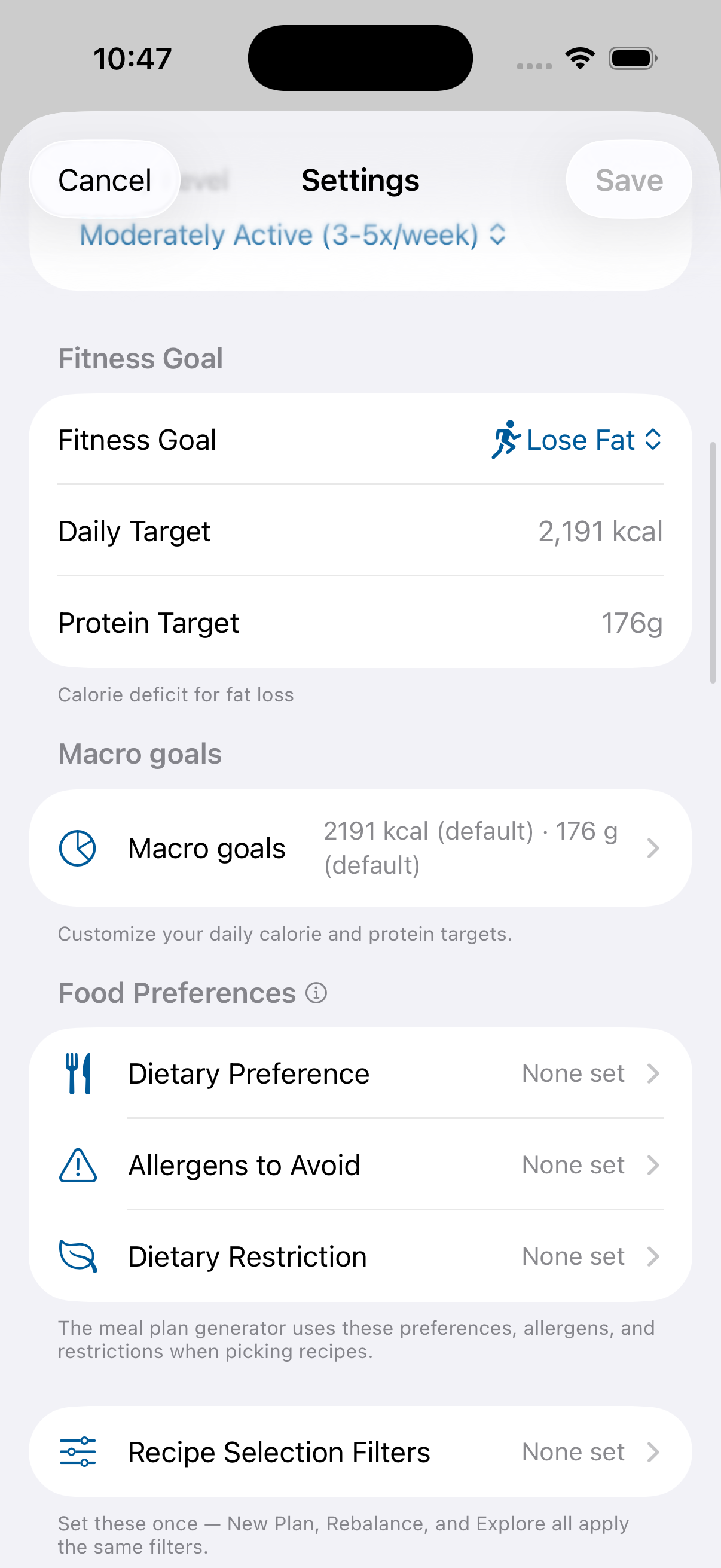TunedCook Settings: Fitness Goal Lose Fat, Daily Target 2,191 kcal, Protein Target 176 g.